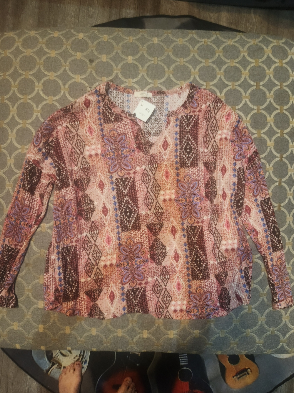 tentree Pink and Brown Printed Long-Sleeve V-Neck Top
